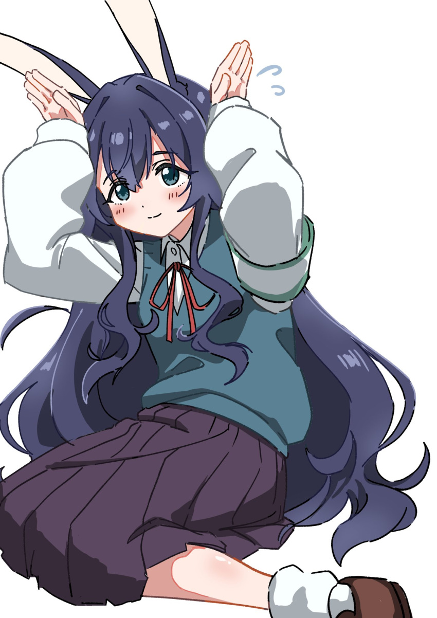 1girl, animal_ears, ankle_socks, armband, arms_up, black_hair, black_skirt, blush