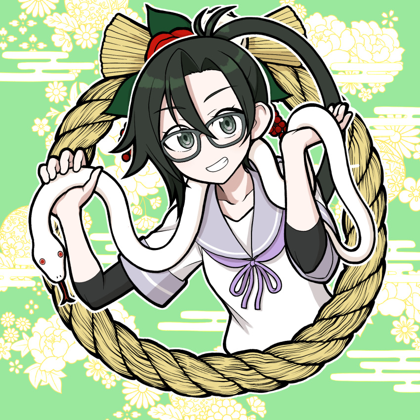 1girl, amagiri_(kancolle), asymmetrical_bangs, black_hair, black_undershirt, glasses, grey-framed_eyewear, grey_eyes