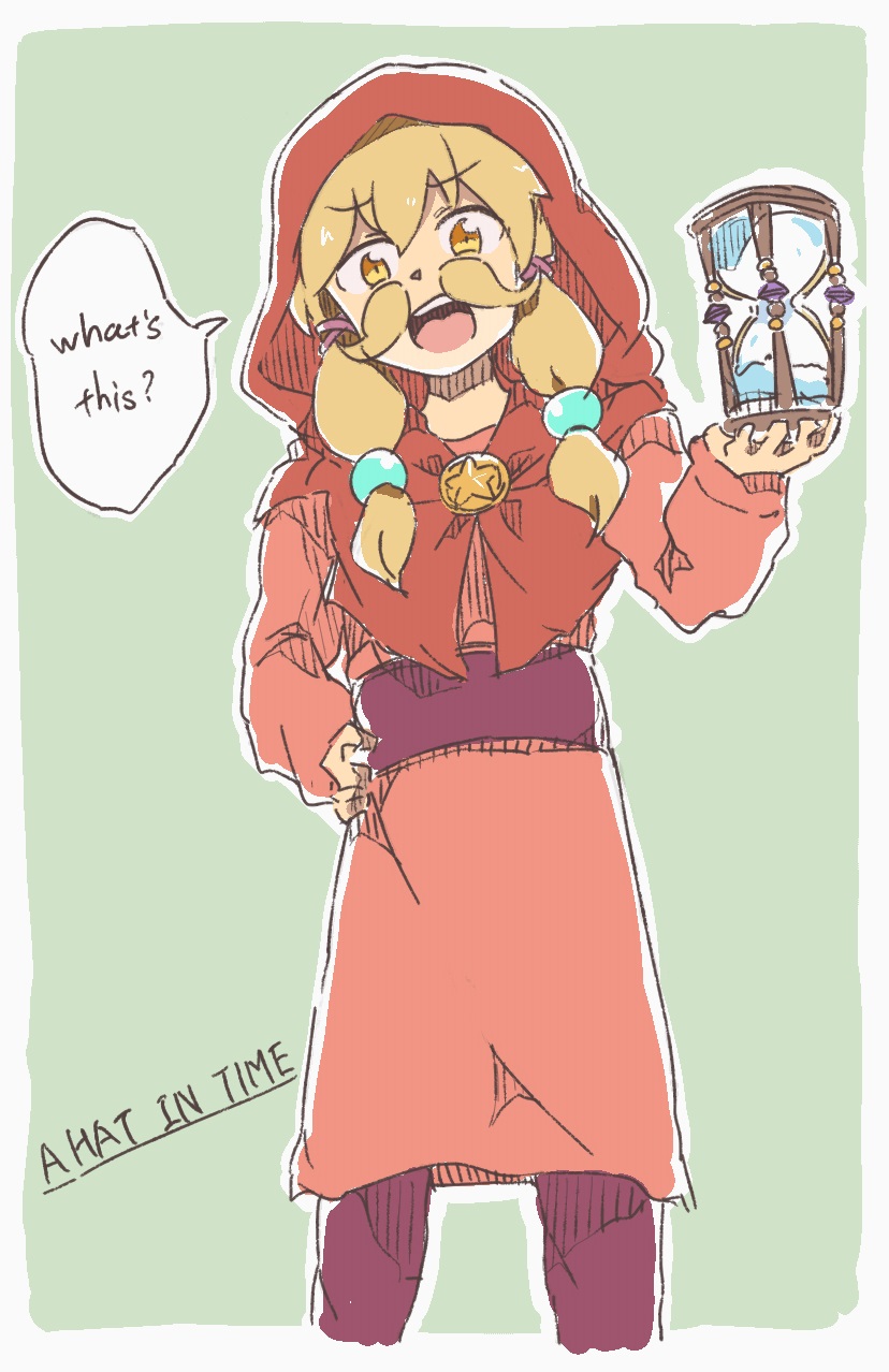 1girl, :o, a_hat_in_time, belt, blonde_hair, border, capelet, commentary_request