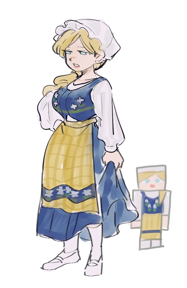 1girl, alex_(minecraft), apron, blonde_hair, blouse, blue_dress, blue_eyes, dancho_no_mori