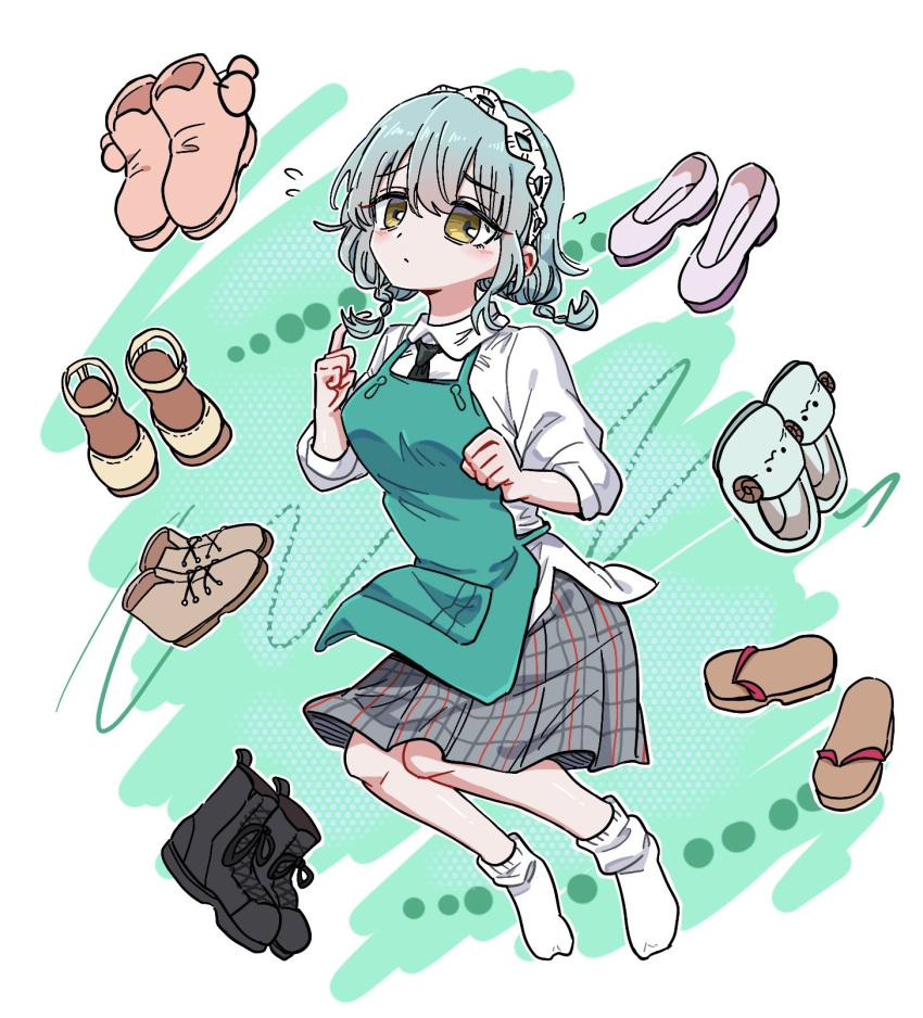 1girl, 7u8p0mcyyb68710, animal_slippers, ankle_lace-up, ankle_socks, bags_under_eyes, black_footwear, black_necktie