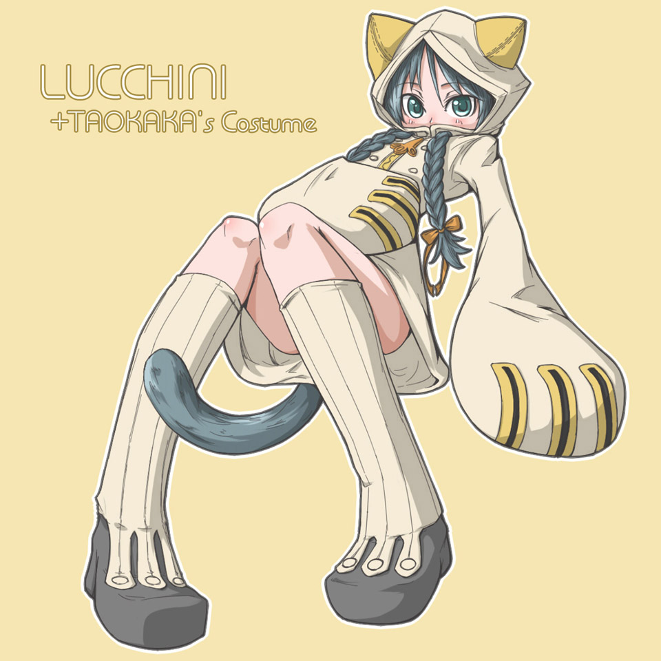 black_hair, blazblue, blonde_hair, blue_eyes, braid, cat_ears, cat_hood, cat_tail, cosplay, francesca_lucchini, green_eyes, green_hair, hood, hoodie, hoody, izayan, long_hair, saitou_chiwa, seiyuu_connection, strike_witches, tail, taokaka, taokaka_(cosplay), twin_braids