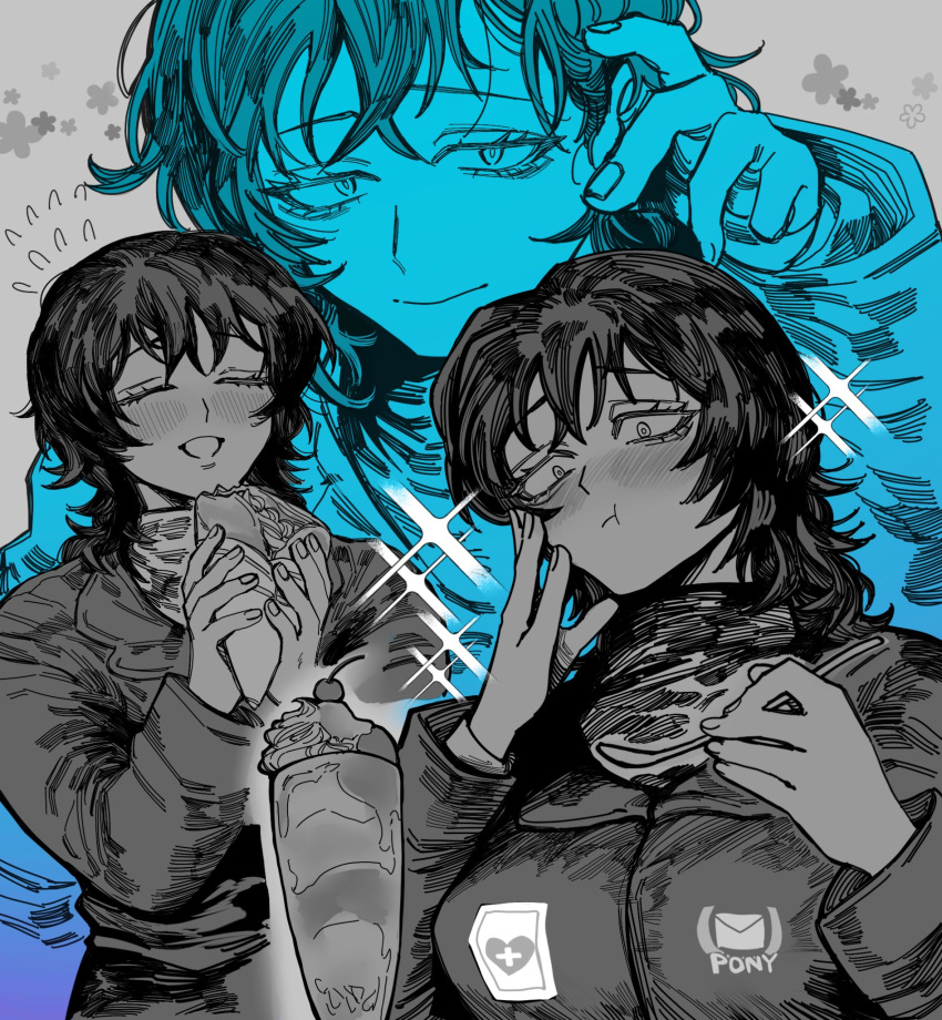 1girl, anya_(mouthwashing), blush, breasts, closed_eyes, closed_mouth, eating, fingernails