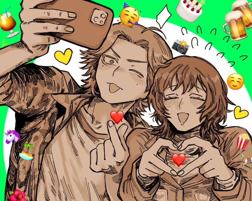 1boy, 1girl, 4-finger_heart_hands, :3, anya_(mouthwashing), arm_up, blush, daisuke_(mouthwashing)