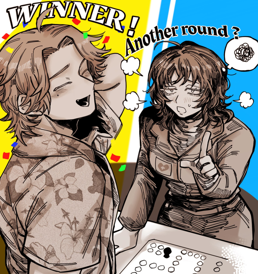 1boy, 1girl, anya_(mouthwashing), arm_up, blush, board_game, daisuke_(mouthwashing), floral_print