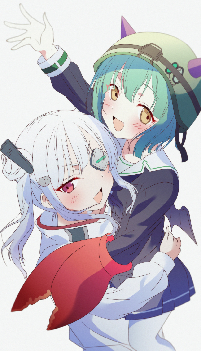 2girls, bungo_yayoi, crab_claw, demon_wings, double_bun, eyepatch, fake_horns, green_hair, hair_bun, hat, heaven_burns_red, highres, horns, hug, medium_hair, minami773, multiple_girls, one_eye_covered, open_mouth, red_eyes, short_hair, skirt, twintails, white_hair, wings, yamawaki_bon_ivar, yuri