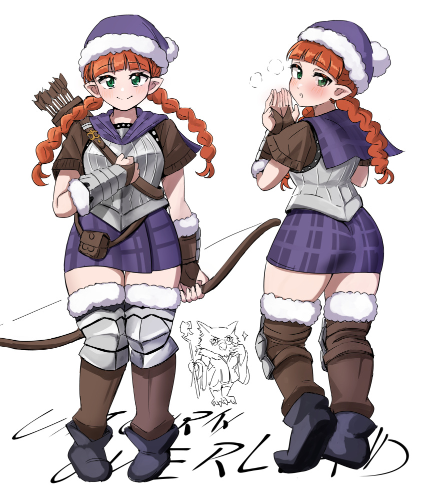 2girls, armor, bird_girl, blush, bow_(weapon), braid, breastplate, capelet