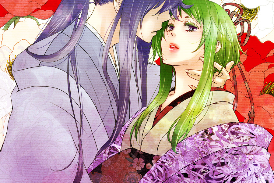 1girl, couple, green_hair, gumi, haruma_(high_drop), hetero, incipient_kiss, japanese_clothes