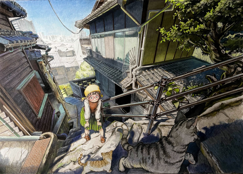 1girl, absurdres, animal, bad_id, bad_twitter_id, black_hair, blue_sky, bow