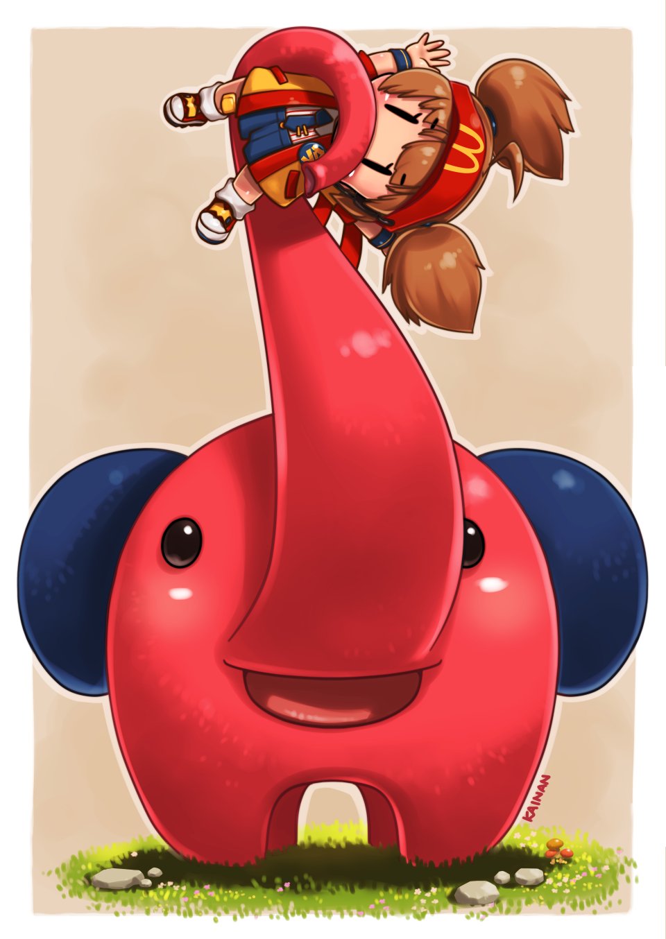 1girl, arms_up, artist_name, bandaid, bandaid_on_knee, bandaid_on_leg, border, brown_background