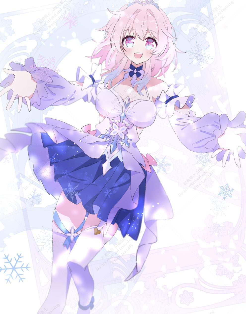 1girl, bare_shoulders, blue_collar, blue_dress, blue_hair, breasts, clothing_cutout, collar