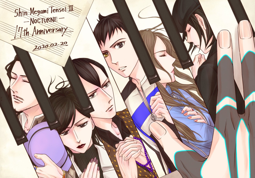 2girls, 4boys, bead_necklace, beads, beard_stubble, black_eyes, black_hair, black_hat