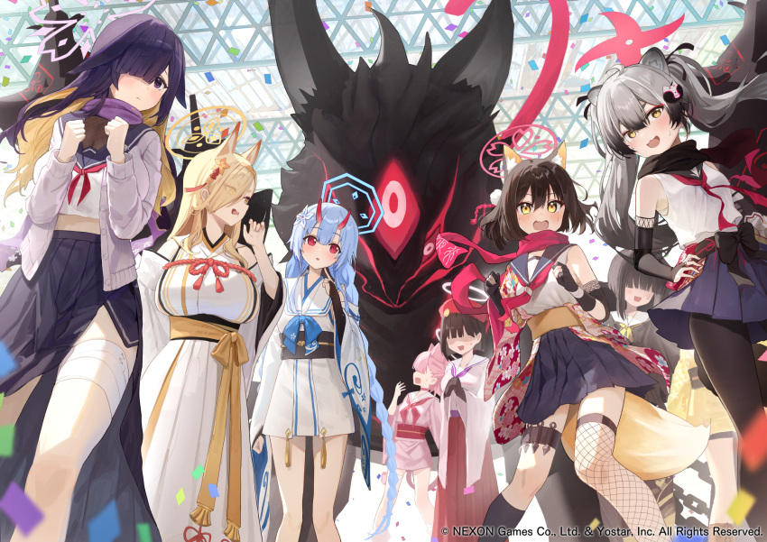 6+girls, animal_ear_fluff, animal_ears, black_gloves, black_hair, black_pantyhose, black_sash, black_scarf