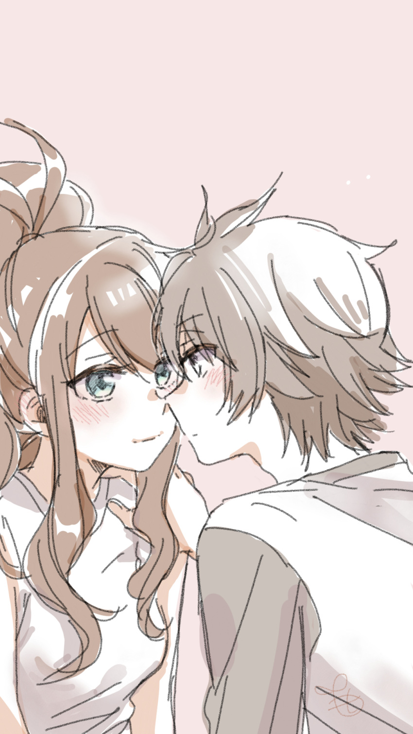 1boy, 1girl, antenna_hair, brown_hair, face-to-face, green_eyes, hetero, highres