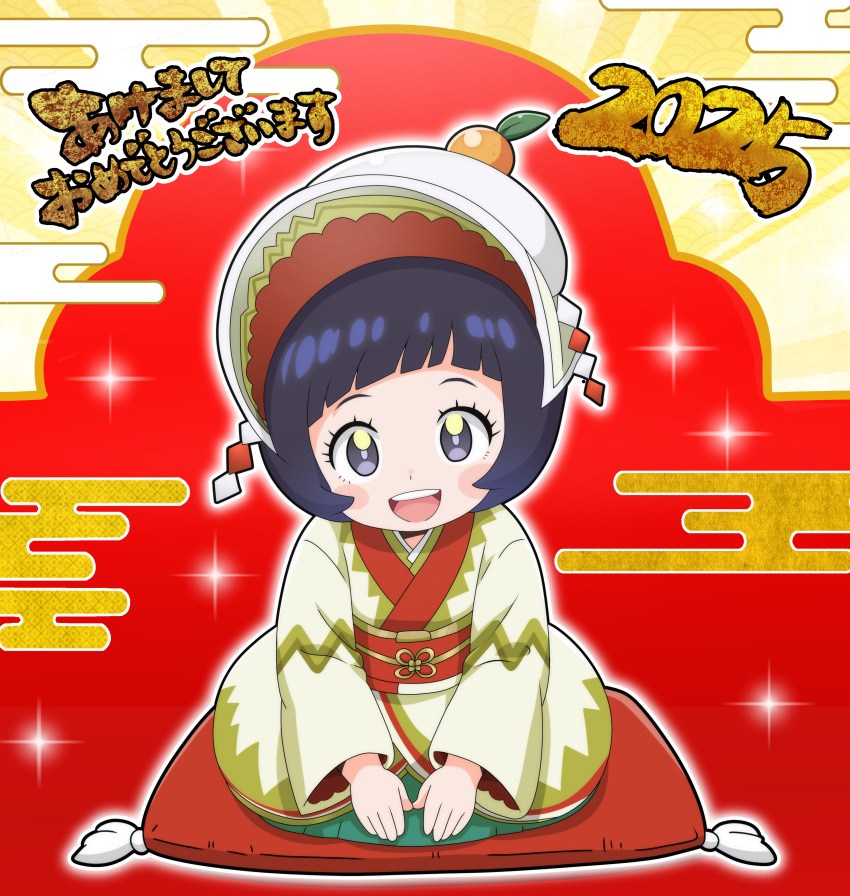 1girl, 2025, absurdres, black_hair, blush_stickers, cushion, egasumi, food
