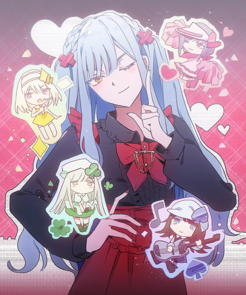 5girls, ave_mujica_(bang_dream!), bang_dream!, bang_dream!_it's_mygo!!!!!, black_hair, black_shirt, blonde_hair, blue_hair, blush, bow, bowtie, center_frills, chibi, chibi_inset, closed_mouth, collared_shirt, dress, dress_shirt, electric_bass_guitar, frills, green_dress, green_hair, green_hat, hand_on_own_hip, hat, heart, highres, index_finger_raised, instrument, long_hair, medium_hair, microphone, misumi_uika, multiple_girls, music, one_eye_closed, pink_eyes, playing_bass_guitar, playing_instrument, plus_sign_hair_ornament, pom_pom_(cheerleading), purple_hair, red_bow, red_bowtie, red_nails, reiboubyou, shirt, short_hair, sidelocks, togawa_sakiko, two_side_up, violet_eyes, visor_cap, wakaba_mutsumi, yahata_umiri, yellow_dress, yellow_eyes, yuutenji_nyamu