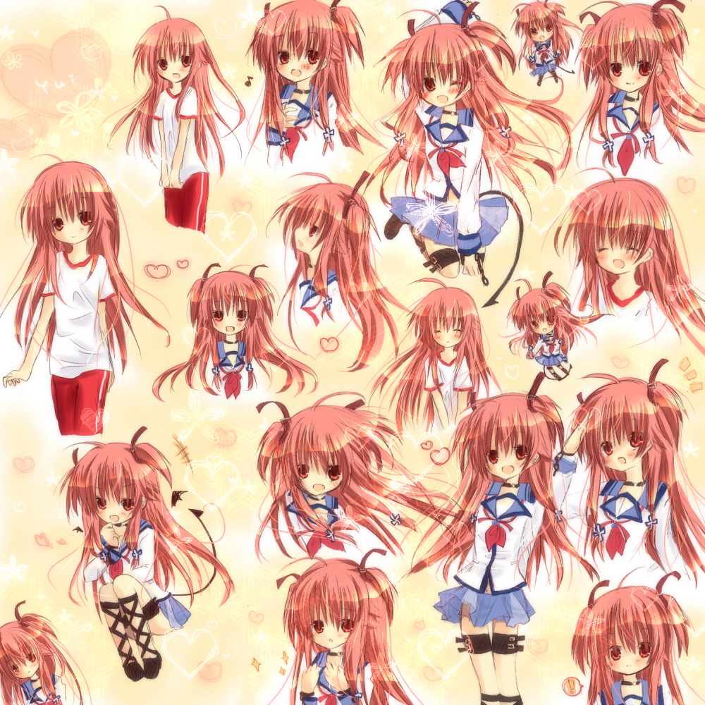 gym_uniform, hina_(ohinao), jogging_pants, pink_hair, red_eyes, school_uniform, serafuku, tail, track_pants, twintails, yui_(angel_beats!)