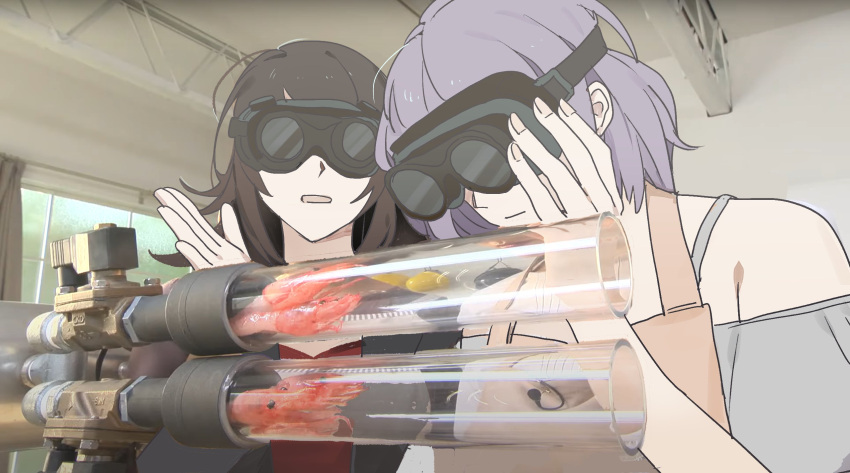 3_second_cooking, bang_dream!, bang_dream!_it's_mygo!!!!!, black_hair, black_jacket, goggles, grey_shirt, highres, jacket, medium_hair, off-shoulder_shirt, off_shoulder, photo-referenced, photo_background, purple_hair, red_shirt, reiboubyou, shirt, shrimp, upper_body, what, yahata_umiri, yuutenji_nyamu