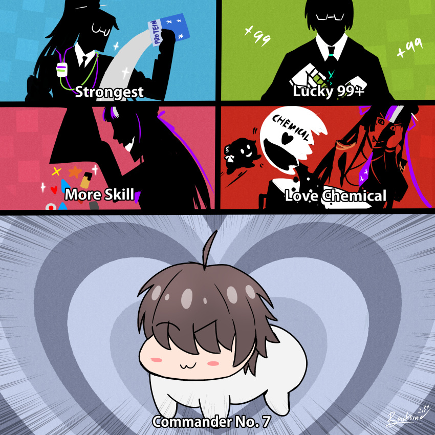 1boy, 3girls, :3, absurdres, ahoge, artist_name, backsine, black_necktie