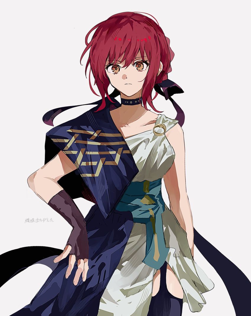 1girl, ancient_greek_clothes, black_ribbon, black_thighhighs, braid, braided_bun, bridal_gauntlets, choker