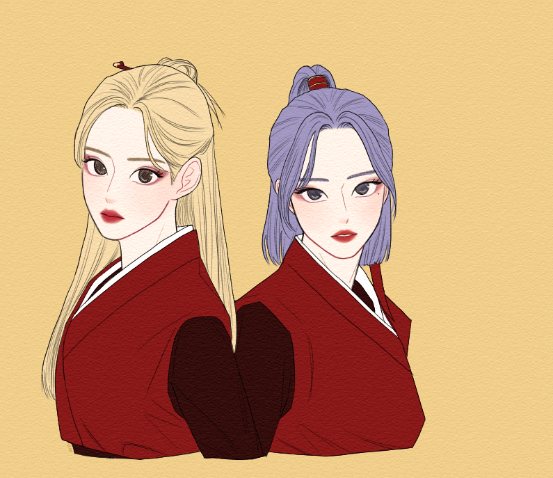 2girls, closed_mouth, doo_twodot, eyelashes, half_updo, haseul_(loona), k-pop, loona_(group)