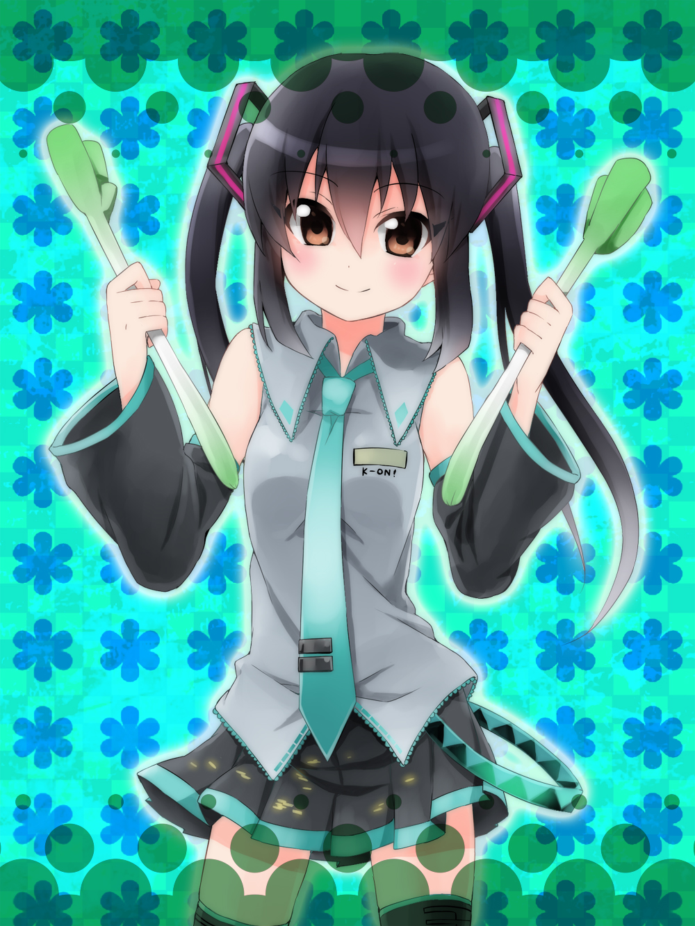 black_hair, brown_eyes, cosplay, detached_sleeves, hatsune_miku, hatsune_miku_(cosplay), highres, k-on!