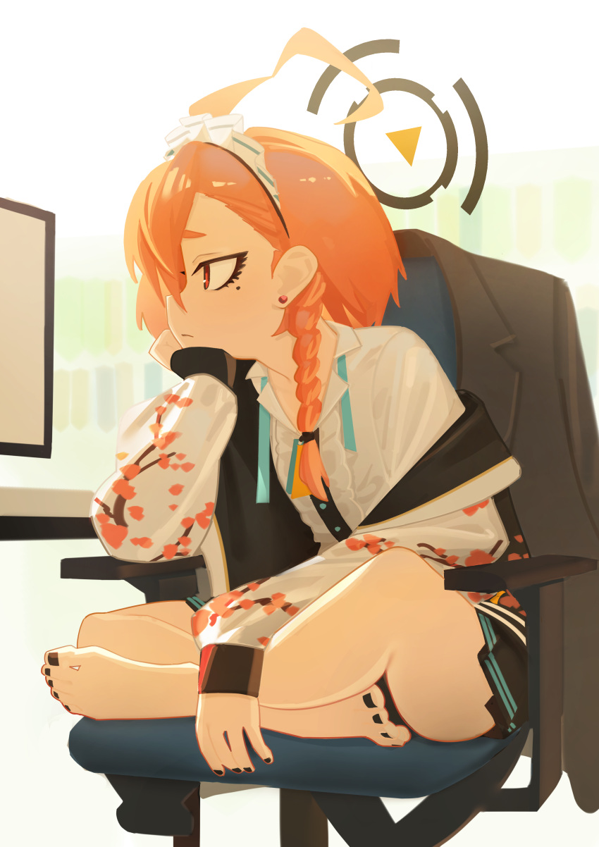 1girl, absurdres, ahoge, arm_support, barefoot, black_nails, black_skirt, blue_archive