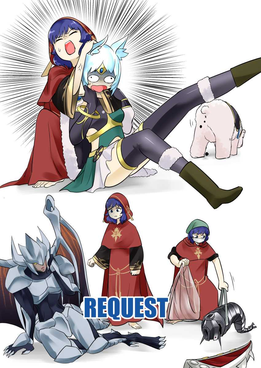 1boy, 2girls, absurdres, animal_ears, apollousa_bow_of_the_goddess, asphyxiation, bear, blue_eyes