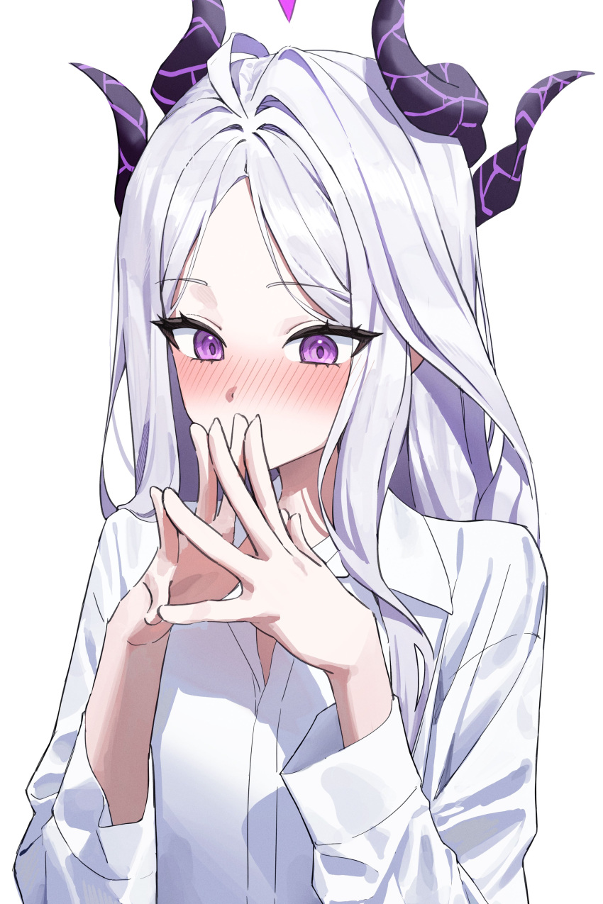 1girl, absurdres, black_horns, blue_archive, blush, collared_shirt, damcheong, demon_girl