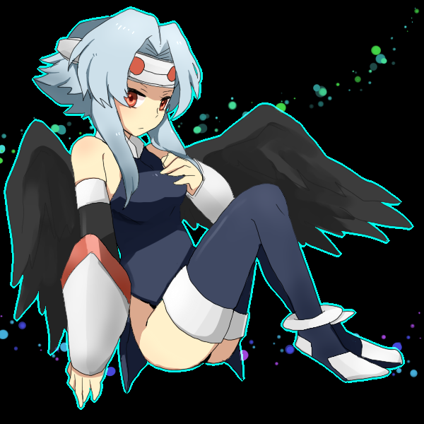 black_wings, blue_hair, mutsumi_(utawareru_mono), nikame, red_eyes, short_hair, thigh-highs, thighhighs