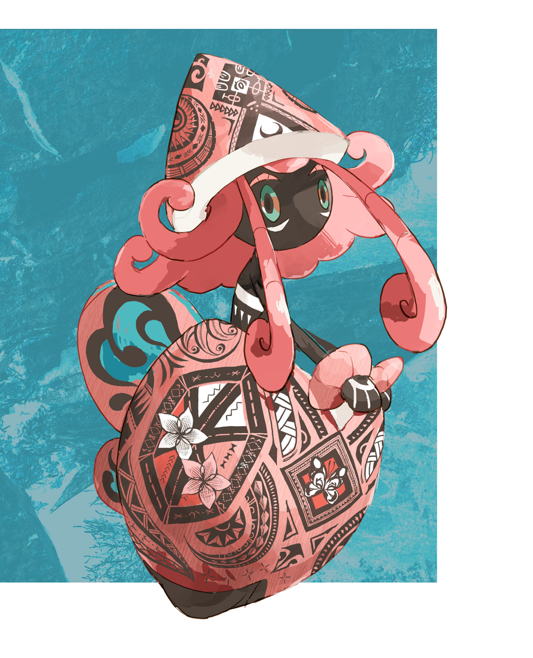 aqua_background, border, commentary_request, flipped_hair, flower, full_body, green_eyes, highres, long_hair, looking_at_viewer, looking_to_the_side, no_humans, nyala_(nyala_766), pink_hair, pokemon, pokemon_(creature), sidelocks, solo, tapu_lele, white_border