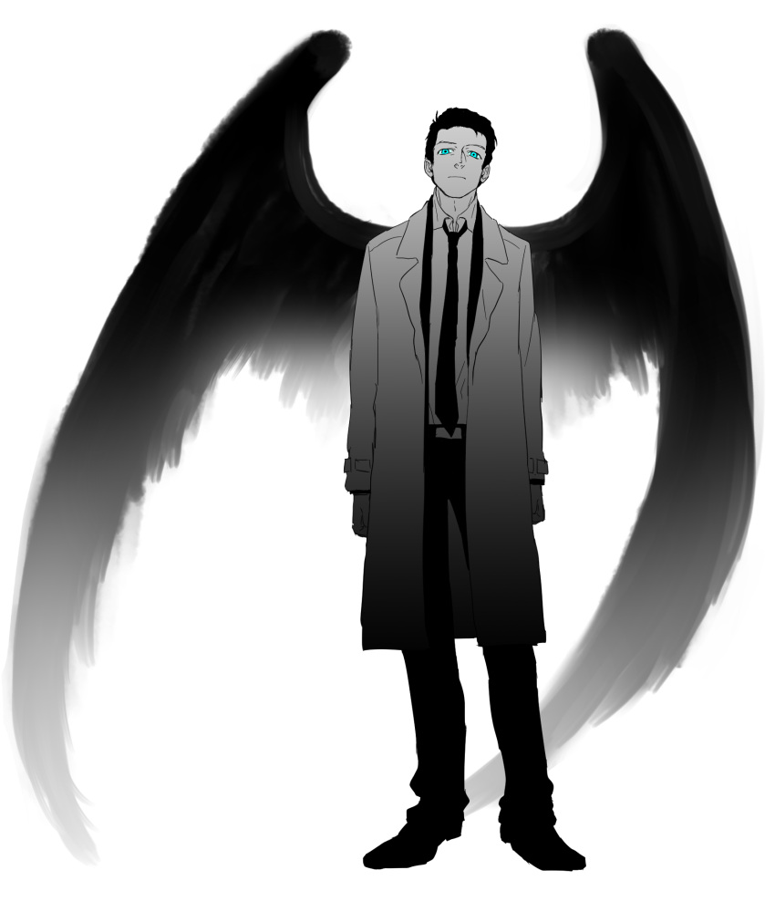 1boy, angel, arms_at_sides, belt, blue_eyes, castiel, closed_mouth, coat, collared_shirt, commentary_request, full_body, highres, kemu_(19002265km), looking_at_viewer, male_focus, monochrome, necktie, shirt, short_hair, solo, spot_color, supernatural_(tv_series)