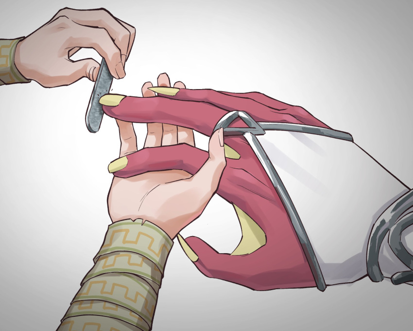 2boys, bridal_gauntlets, colored_skin, commentary, filing_nails, fingernails, hand_focus, hashtag-only_commentary, highres, holding, holding_hands, link, male_focus, multiple_boys, na_nako, nail_file, red_skin, sidon, simple_background, the_legend_of_zelda, the_legend_of_zelda:_breath_of_the_wild, webbed_hands, white_background, white_bridal_gauntlets, yellow_nails, zora