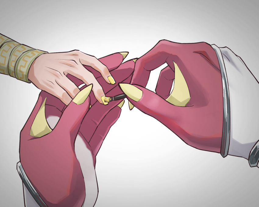 2boys, bridal_gauntlets, colored_skin, commentary, fingernails, hand_focus, hashtag-only_commentary, highres