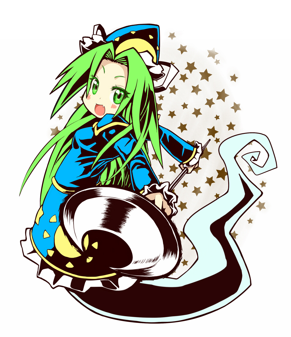 crescent, fang, ghost, ghost_tail, green_eyes, green_hair, hat, long_hair