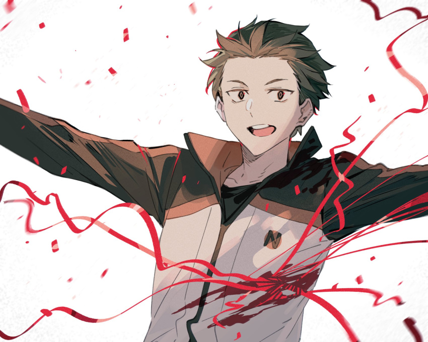 1boy, black_hair, blood, brown_eyes, confetti, cuts, highres, injury