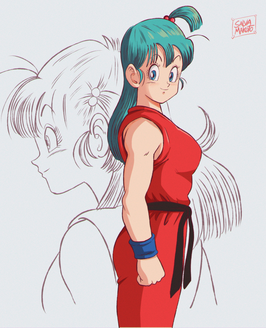 1girl, alternate_universe, aqua_hair, blue_eyes, breasts, bulma, clenched_hand, commentary_request