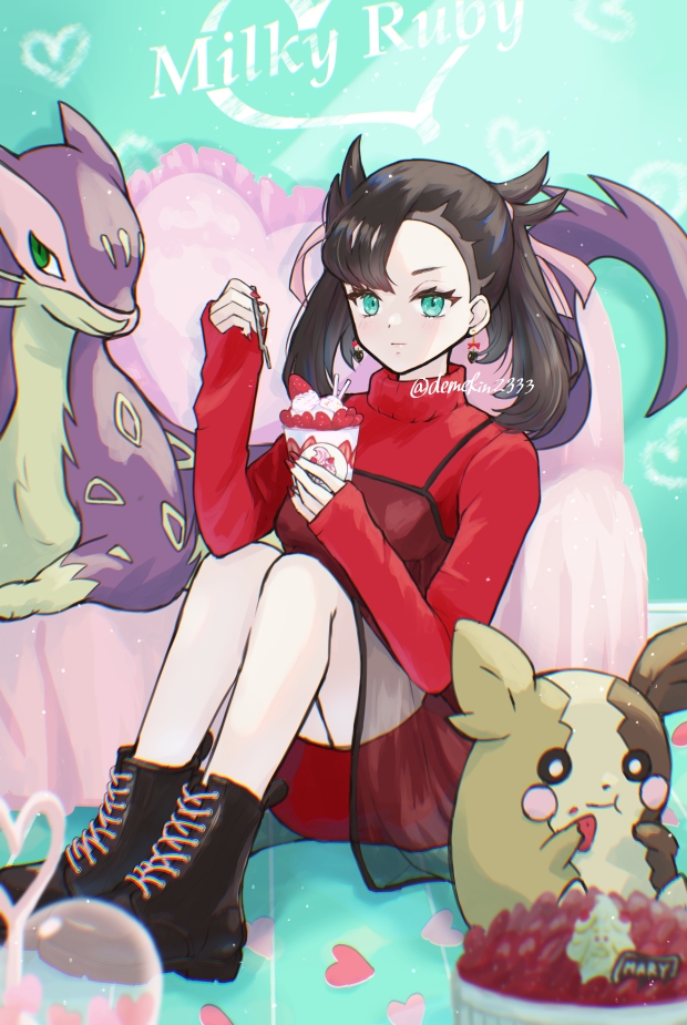 1girl, alternate_costume, asymmetrical_bangs, black_footwear, black_hair, boots, closed_mouth, commentary_request