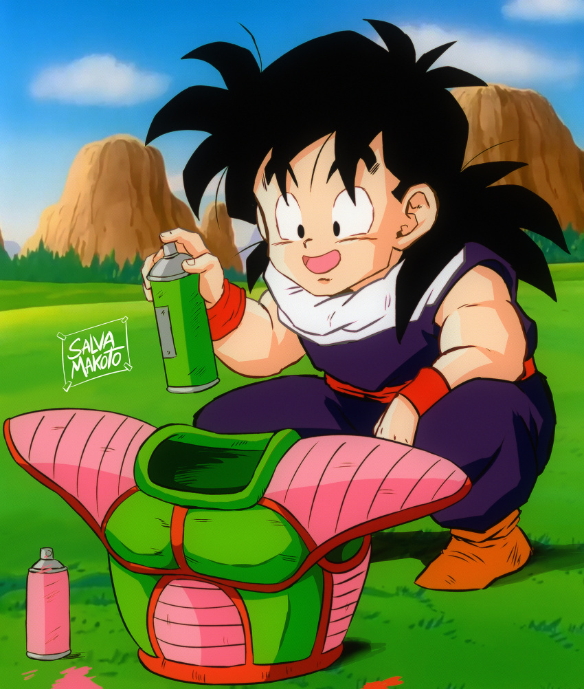 1boy, black_eyes, black_hair, commentary_request, dragon_ball, dragon_ball_z, grass, highres