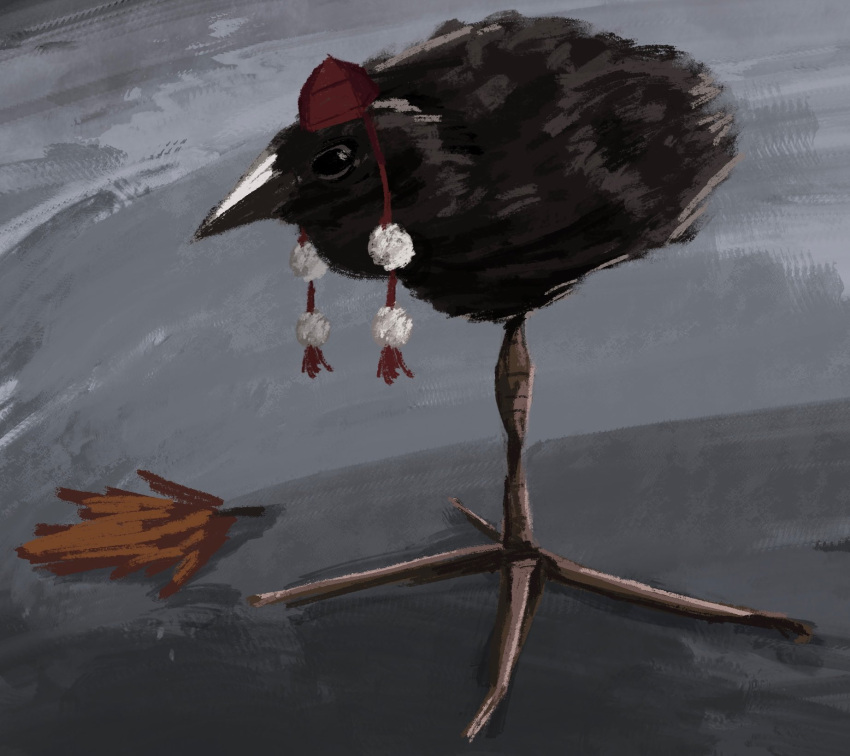 black_feathers, closed_mouth, feathers, full_body, grey_background, hat, highres, leaf, nogguies, pom_pom_(clothes), pukeko, red_hat, red_tassel, shameimaru_aya, shameimaru_aya_(crow), tassel, tokin_hat, touhou