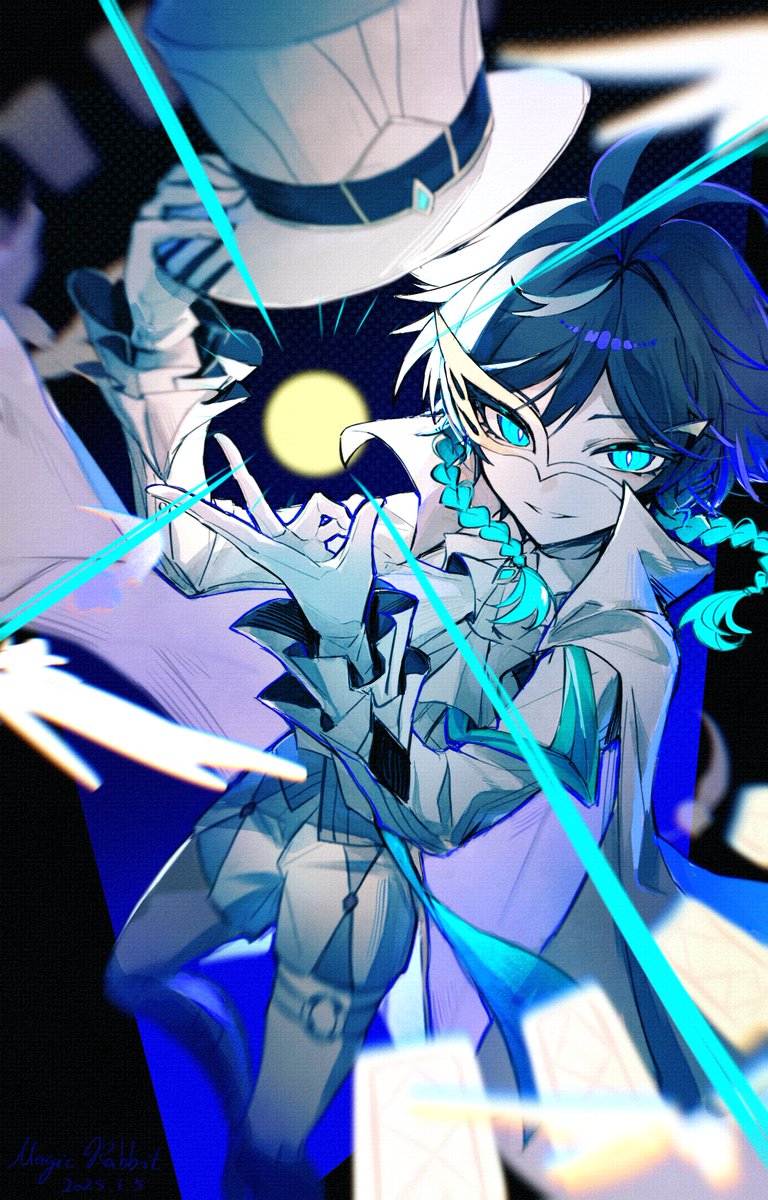 1boy, alternate_costume, androgynous, aqua_eyes, aqua_hair, artist_name, ascot, black_background, black_hair, blue_background, braid, cape, card, dated, domino_mask, emphasis_lines, frills, full_moon, genshin_impact, gloves, glowing, glowing_eyes, glowing_hair, gradient_hair, hat, highres, hoyofair, male_focus, mask, mask_over_one_eye, moon, multicolored_hair, muxi297, night, phantom_thief, removing_hat, revision, short_hair_with_long_locks, snapping_fingers, spot_color, top_hat, twin_braids, venti_(genshin_impact)