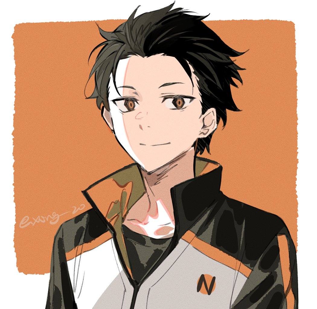 1boy, artist_name, black_hair, brown_eyes, closed_mouth, jacket, long_sleeves, looking_at_viewer, male_focus, natsuki_subaru, popped_collar, portrait, re:zero_kara_hajimeru_isekai_seikatsu, short_hair, simple_background, smile, solo, track_jacket, xing_20