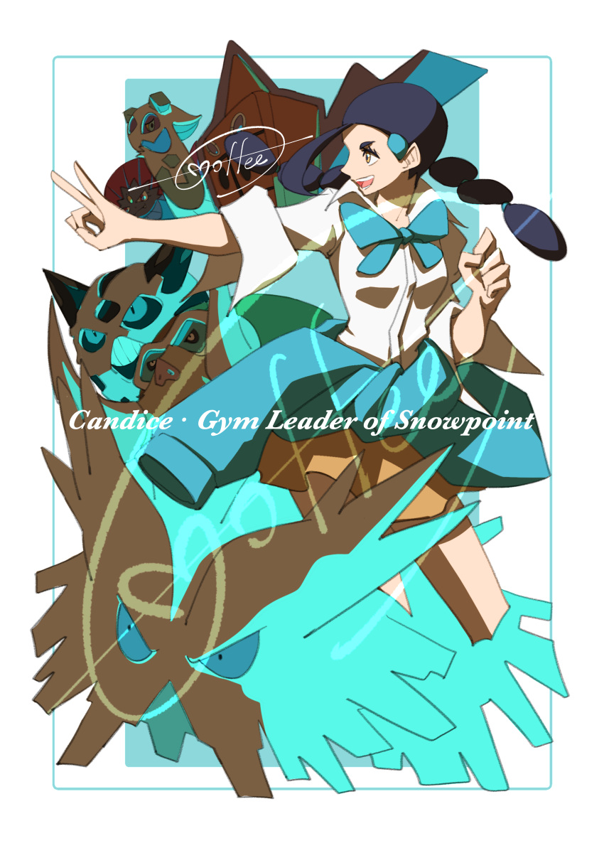 1girl, :d, abomasnow, absurdres, aqua_bow, aqua_bowtie, aqua_sweater, black_hair