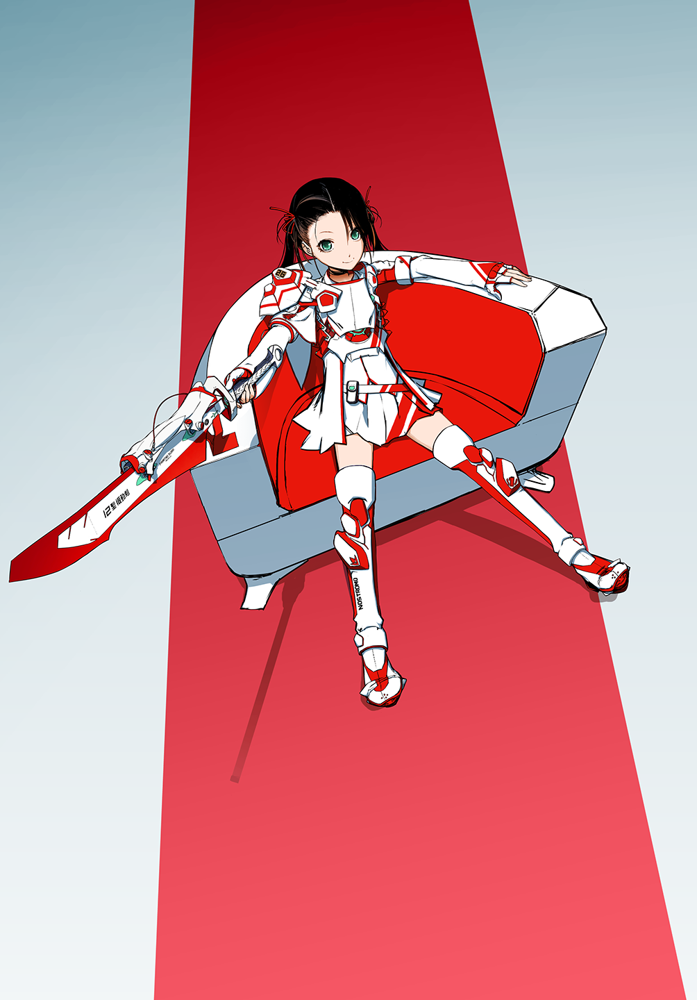 1girl, armchair, black_hair, boots, chair, chuuou_higashiguchi, dress, fingerless_gloves