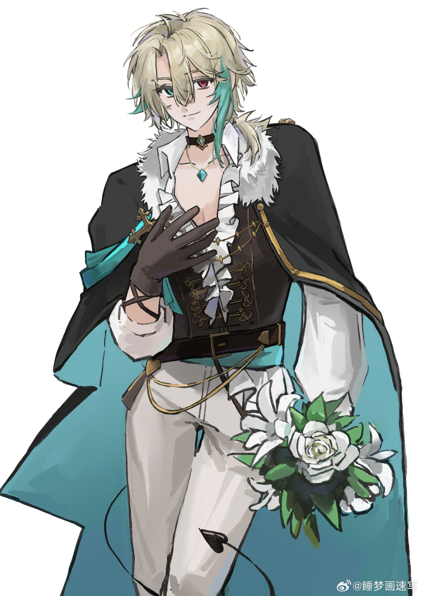 1boy, absurdres, aqua_hair, aza_(virtuareal), black_cape, black_choker, black_gloves, blonde_hair, bouquet, cape, choker, demon_tail, flower, fur-trimmed_cape, fur_trim, gloves, hair_between_eyes, hand_on_own_chest, heterochromia, highres, holding, holding_bouquet, jewelry, looking_at_viewer, male_focus, multicolored_hair, nijisanji, pants, red_eyes, shirt, simple_background, smile, solo, tail, virtual_youtuber, virtuareal, weibo_7838583047, white_background, white_flower, white_pants, white_shirt