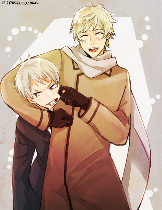 2boys, anger_vein, annoyed, arm_around_neck, artist_name, axis_powers_hetalia, black_gloves, black_jacket