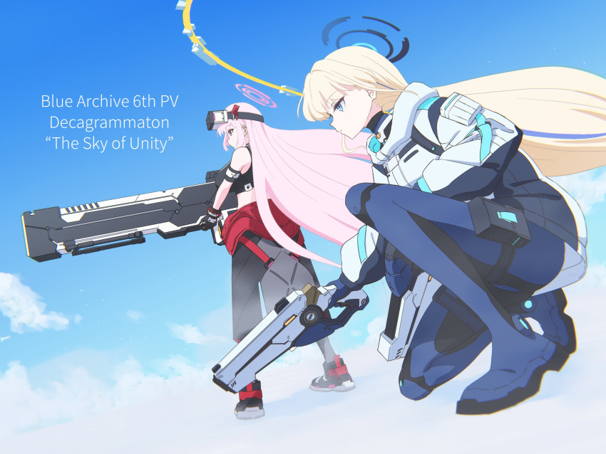 2girls, absurdres, blonde_hair, blue_archive, blue_eyes, blue_hair, blue_sky, breasts