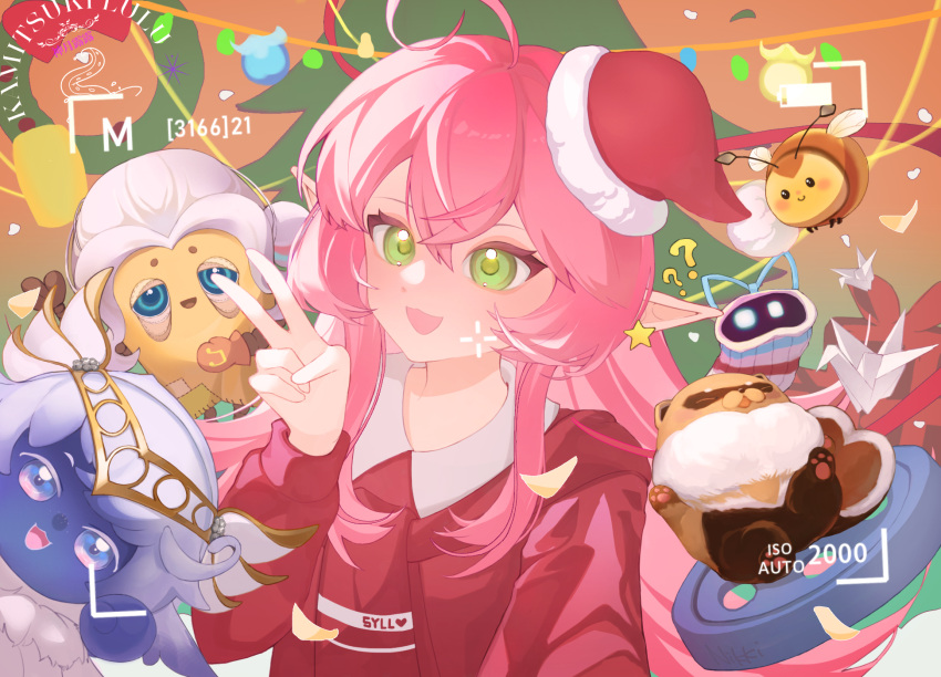 1girl, ?, ??, ahoge, bee, bibcoon, bug, character_request, christmas, christmas_tree, circlet, collared_shirt, crossed_bangs, dot_nose, eyelashes, faewish_sprite, foodie_bee, fur-trimmed_headwear, fur_trim, gift, green_eyes, hair_between_eyes, hat, highres, infinity_nikki, light_blush, long_hair, long_sleeves, nikki_(series), open_mouth, original, piecey, pink_hair, pointy_ears, pom_pom_(clothes), raccoon, red_hat, red_shirt, red_socks, santa_hat, selfie, shenyue_lulu, shirt, sidelocks, smile, socko_(infinity_nikki), socks, upper_body, v, very_long_hair, viewfinder, watermark