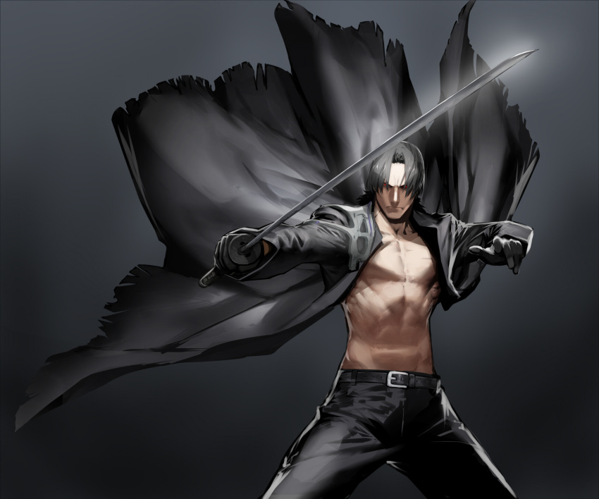 1boy, black_coat, black_hair, black_pants, coat, commentary_request, fighting_stance, highres