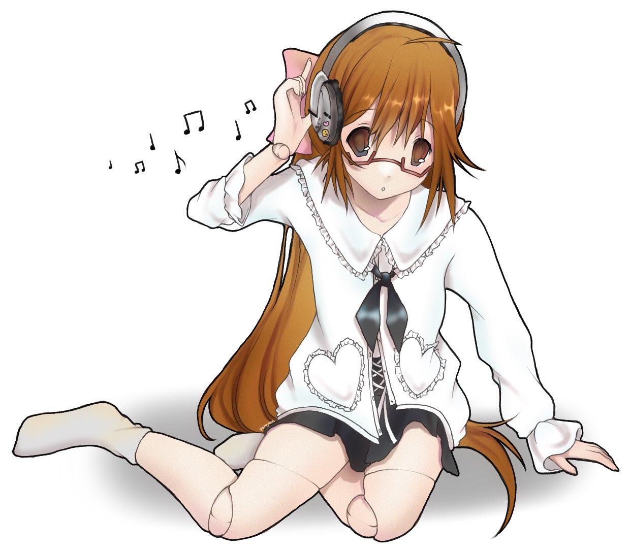 1girl, 2000s_(style), brown_eyes, brown_hair, darcie_(ponymoe), doll, frilled_shirt, frills, glasses, headphones, long_hair, magi_stop, original, ponymoe, shirt, skirt, socks